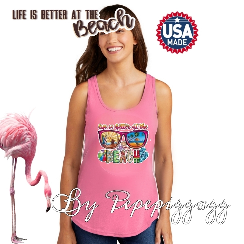 NWT Port And Co Tank Top Handmade LIFE IS BETTER BEACH comfy Cotton Poly